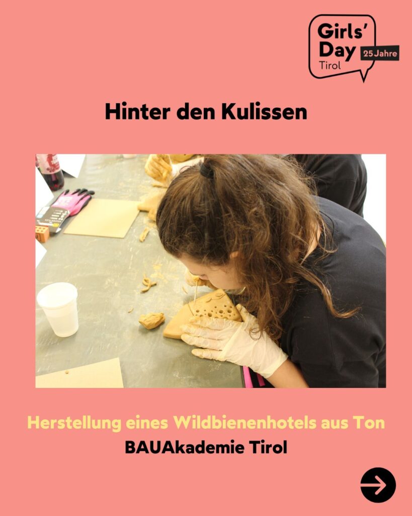 Sie sehen ein Mädchen bei der Herstellung eines Wildbienenhotels aus Ton - BAUAkademie Tirol