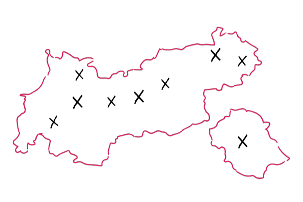 Symbolbild mit der skizzierten Landkarte von Tirol und die darin markierten Standorte der bildungsinfo-tirol