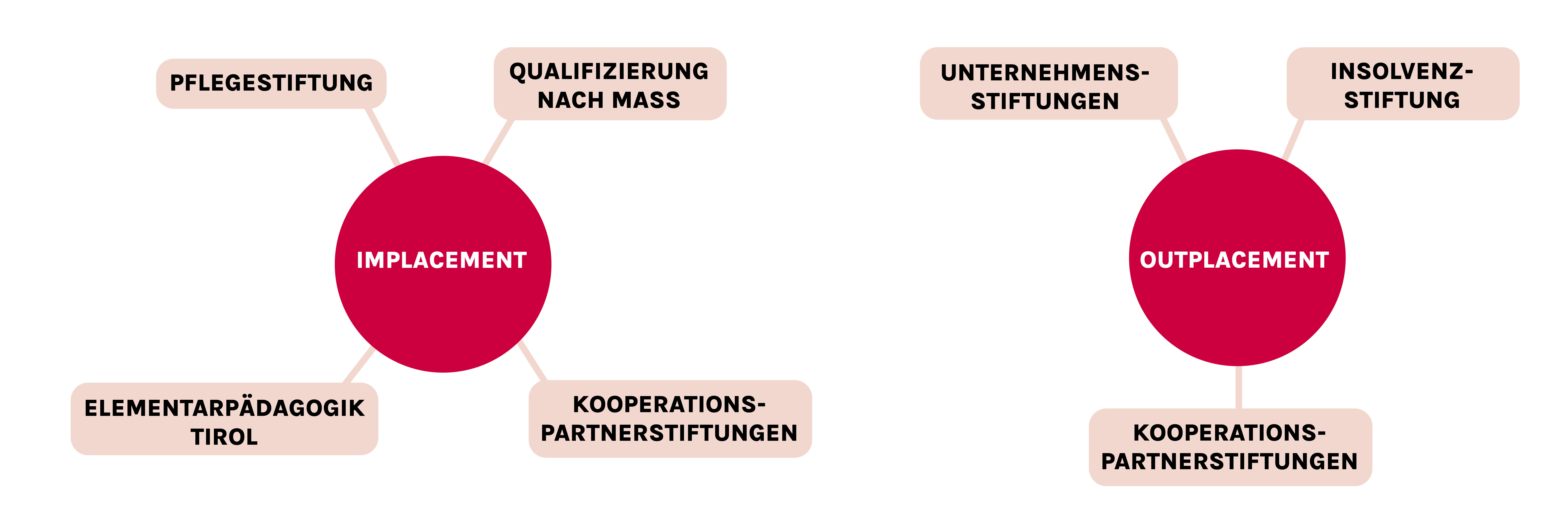 Zur Implacementstiftung gehören die Pflegestiftung, die Qualifizierung nach Mass, die Elementarpädagogik und die Kooperationspartnerstiftungen. Zur Outplacementstiftung gehören die Unternehmensstiftung, die Insolvenzstiftung und die Kooperationspartnerstiftungen.