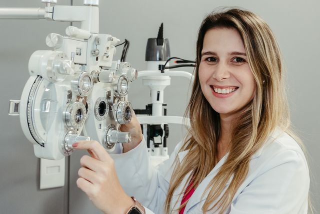 Junge Optikerin mit einem Messgerät