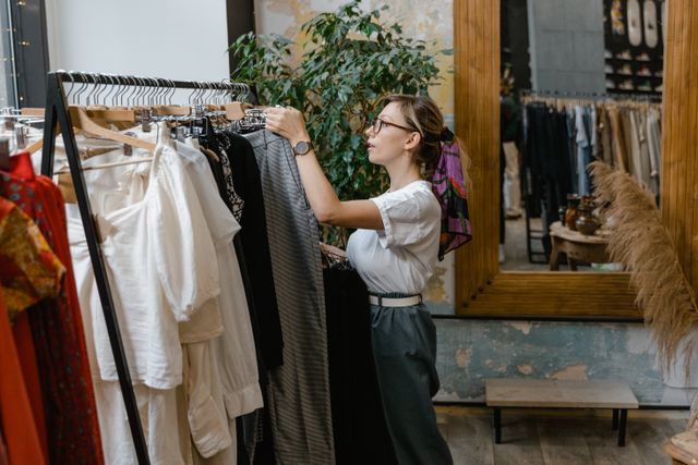 Junge Frau sortiert Kleidung in einem Bekleidungsgeschäft